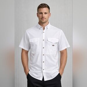 Men’s Short Sleeve Fishing Shirt Medium UV Sun Protection Wicking Button Down